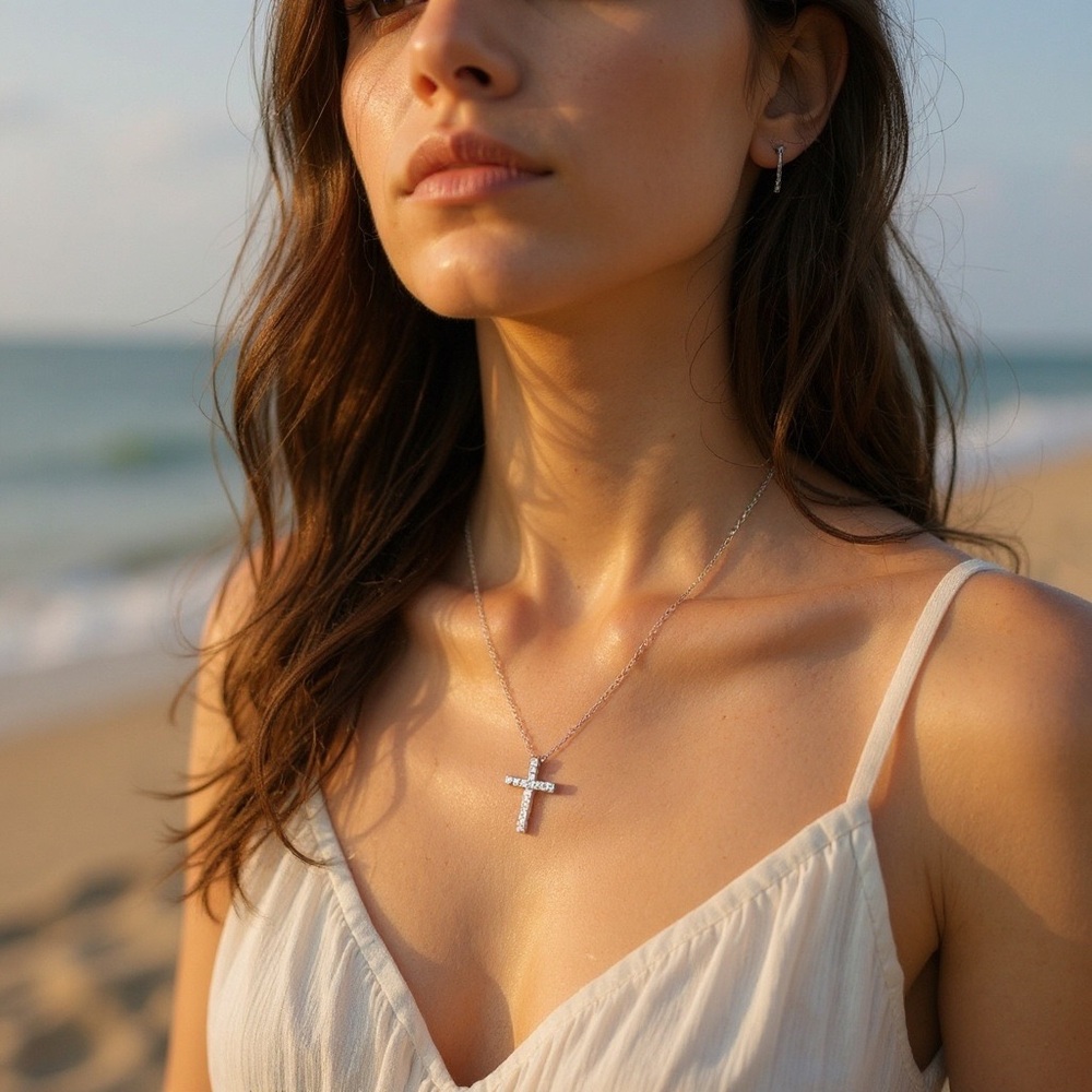 NEW Swarovski Rhinestone Mini Cross Pendant Necklace Minimalist Classic Silver
